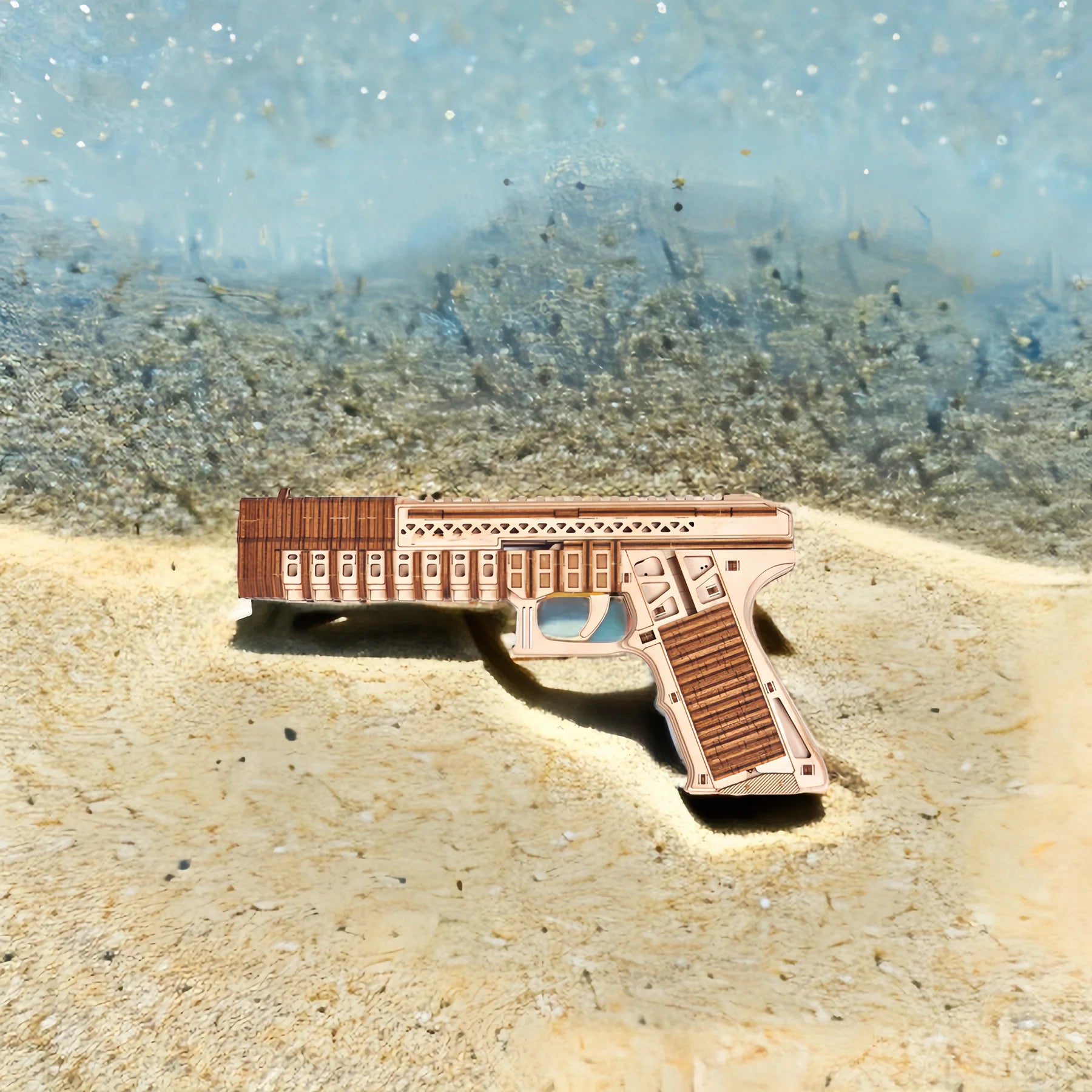Lumigic Desert Eagle pistol wooden 3D puzzle model, detailed brown wooden gun with intricate assembly visible in the image.
