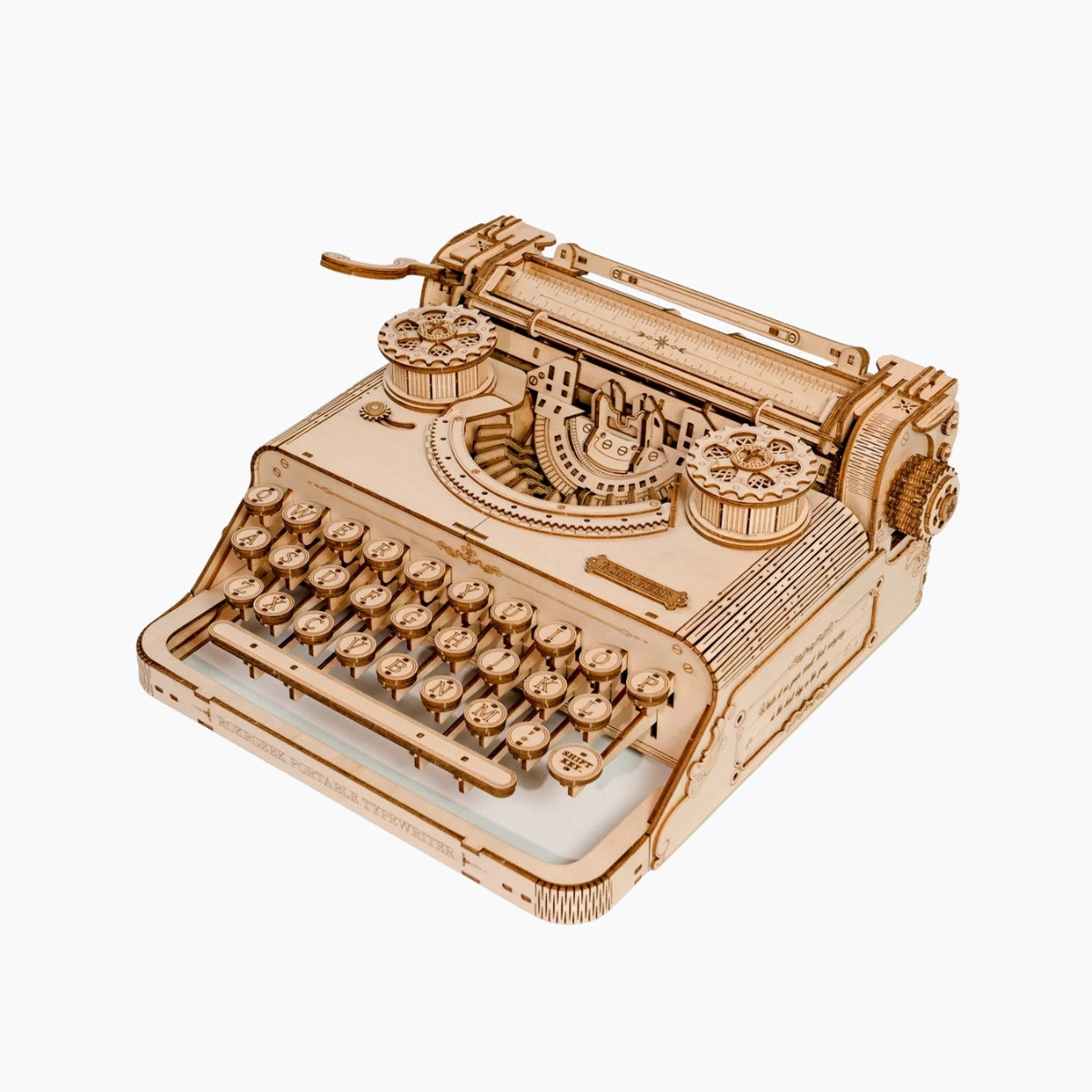 Lumigic Classic Typewriter Mechanical 3D Wooden Puzzle showing assembled wooden typewriter with detailed keys and structure.