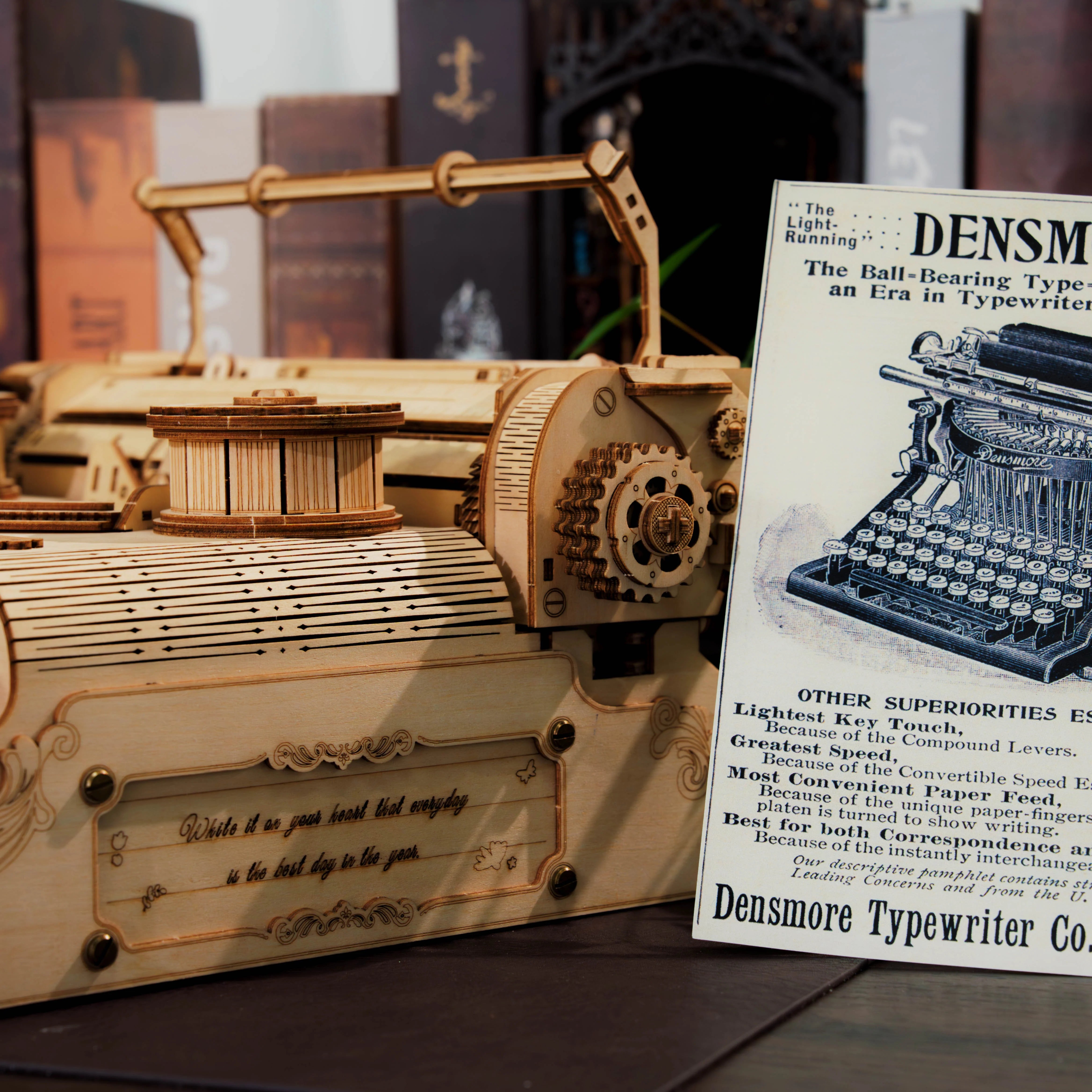 Lumigic classic typewriter mechanical 3D wooden puzzle assembled, showcasing intricate wooden pieces and detailed craftsmanship.