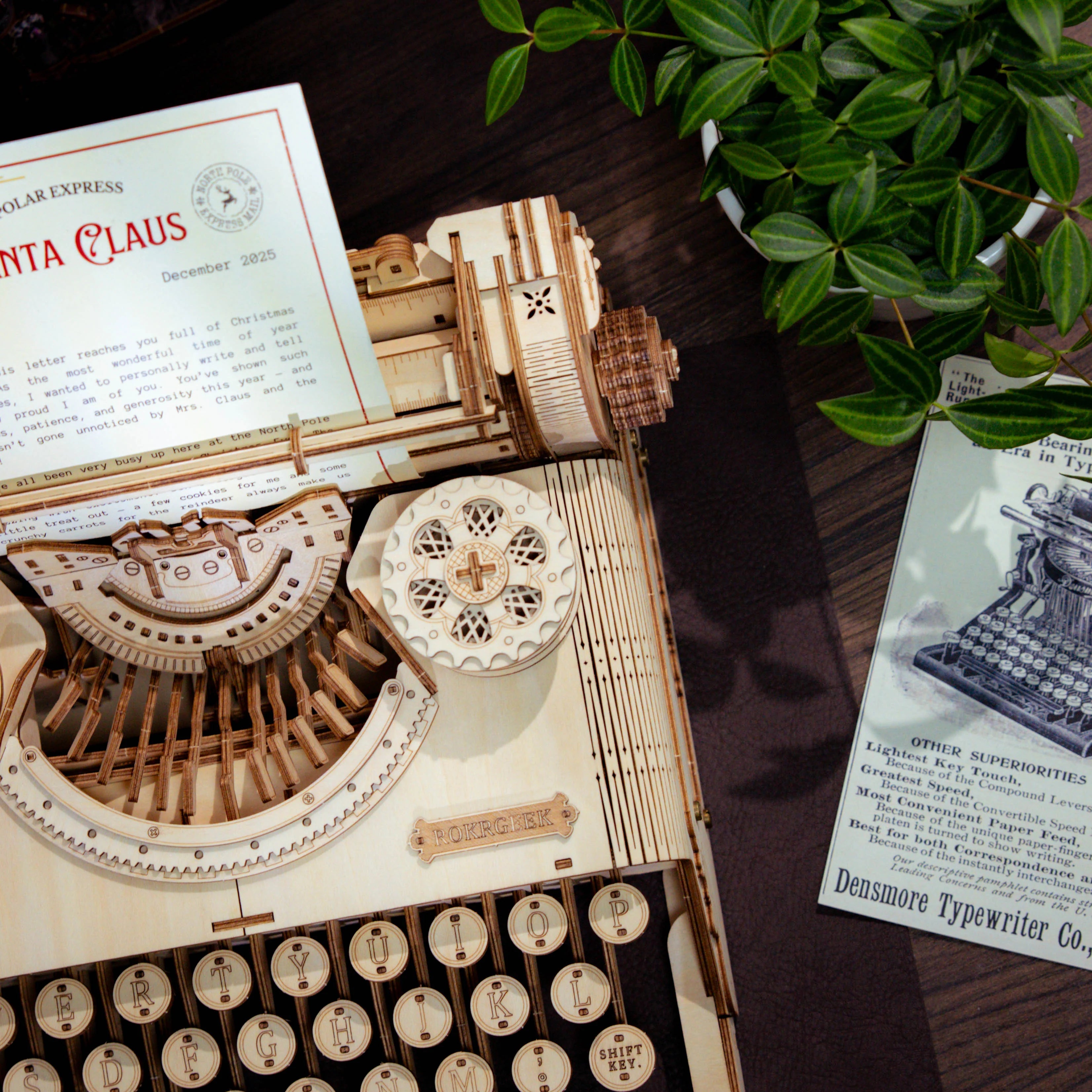 Lumigic Classic Typewriter Mechanical 3D Wooden Puzzle assembled, showcasing intricate wooden gears and vintage typewriter design.