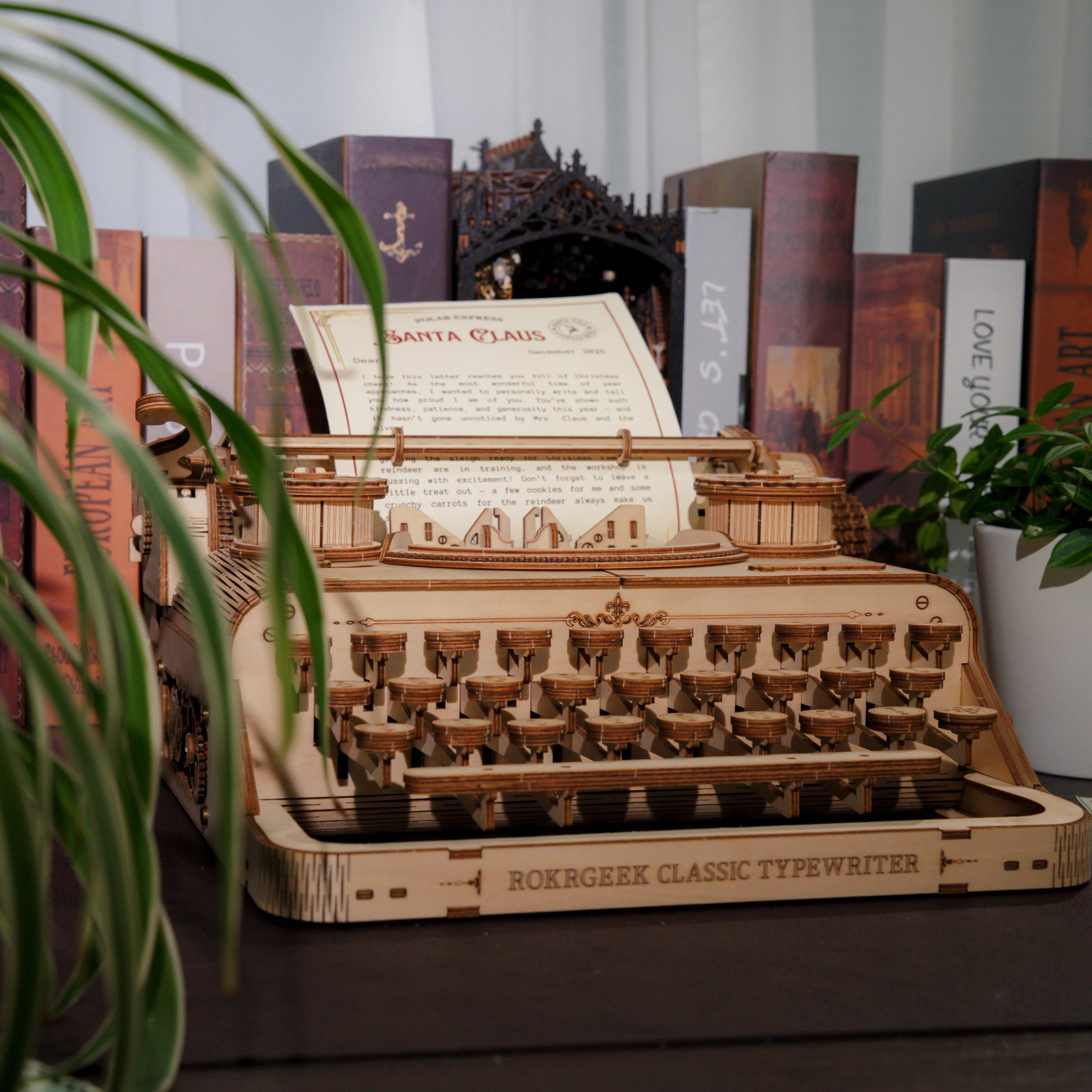 Lumigic Classic Typewriter mechanical 3D wooden puzzle showing assembled vintage typewriter with intricate wooden details.