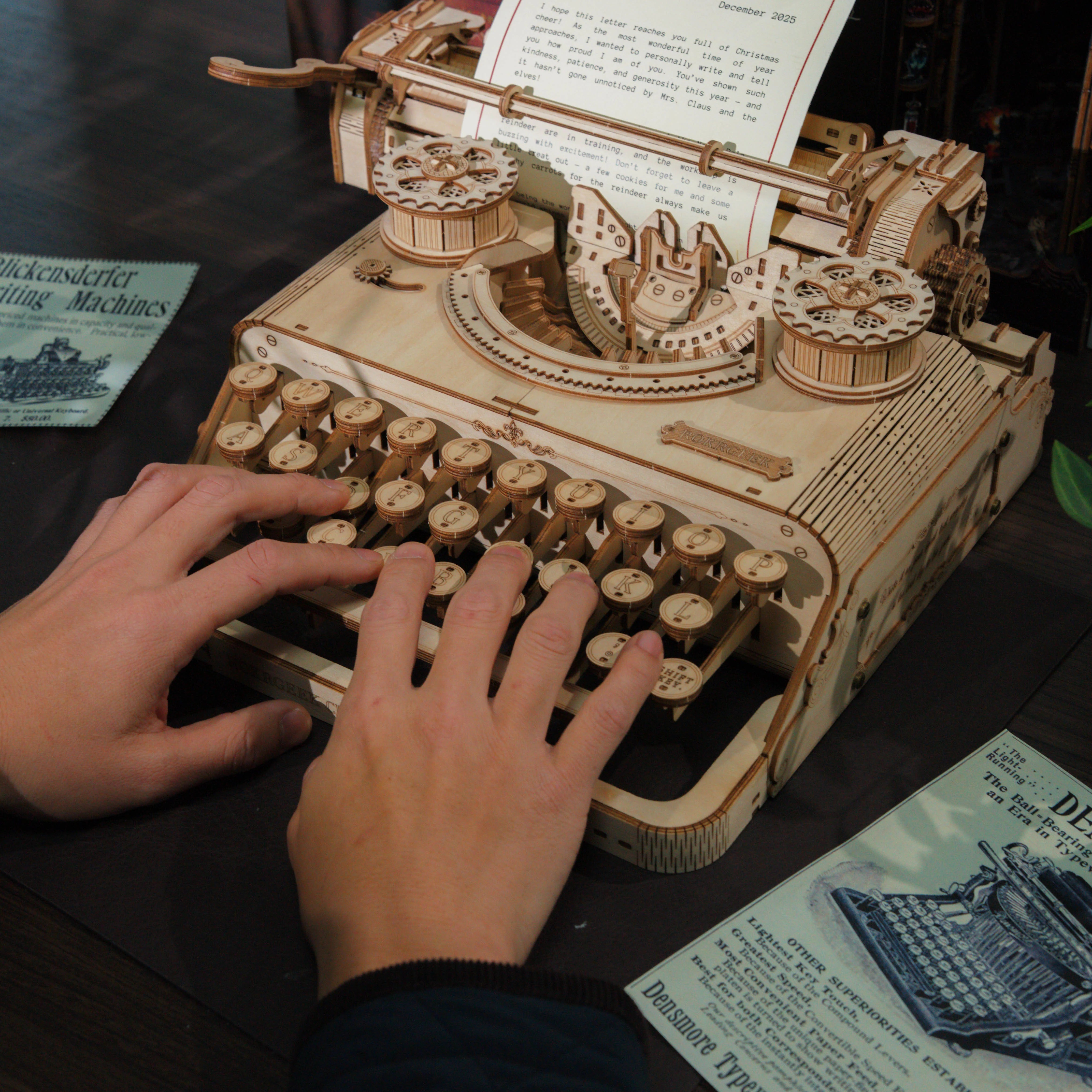 Lumigic Classic Typewriter Mechanical 3D Wooden Puzzle showing assembled wooden puzzle with detailed keys and vintage typewriter design