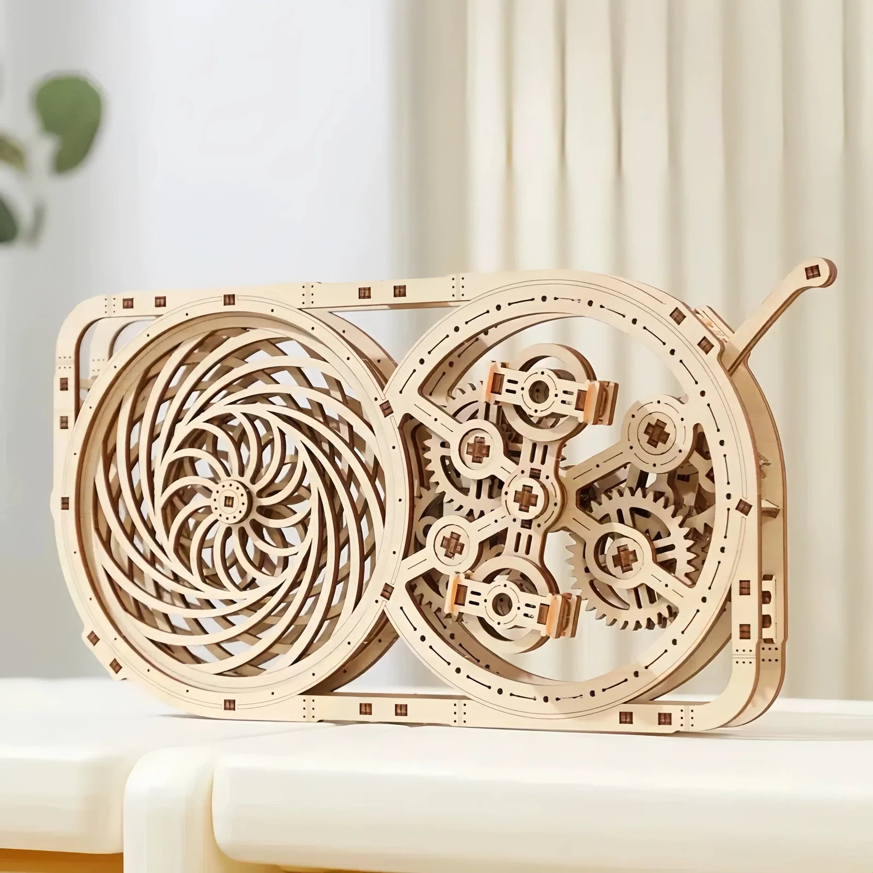 Lumigic Kinetic Picture Wooden 3D Puzzle Model Kit showing assembled wooden puzzle with intricate geometric design