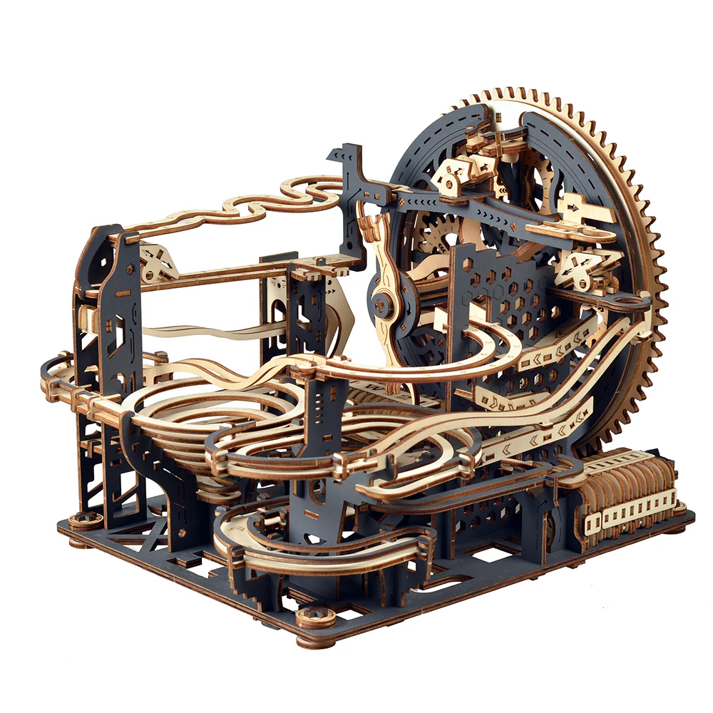 Wooden electric marble run puzzle by Lumigic, showcasing colorful marble pathways and intricate 3D wooden construction.