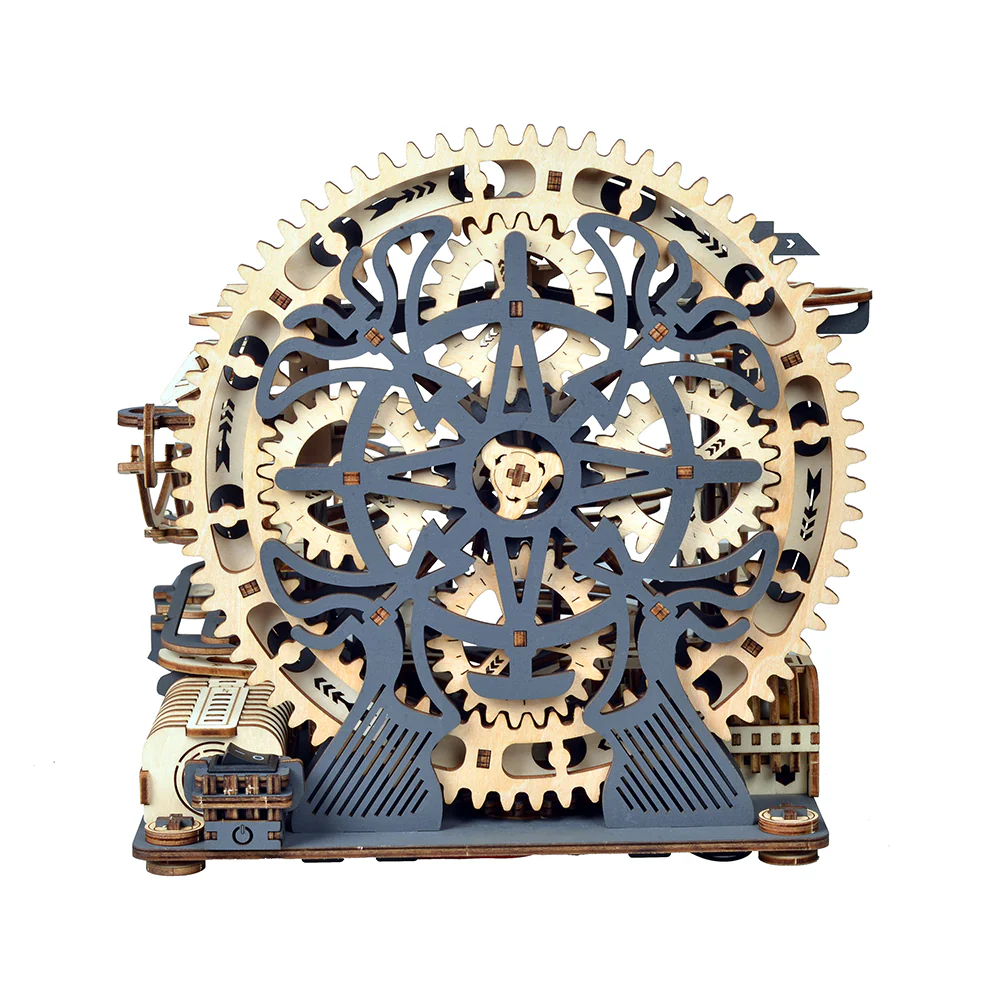 Wooden electric marble run 3D puzzle model kit by Lumigic, featuring interconnected wooden tracks and colorful marbles in a dynamic setup.