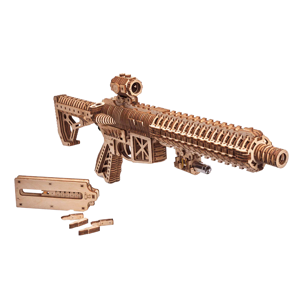 Wooden M4 assault rifle model toy puzzle by Lumigic, featuring detailed 3D design and realistic wooden construction.