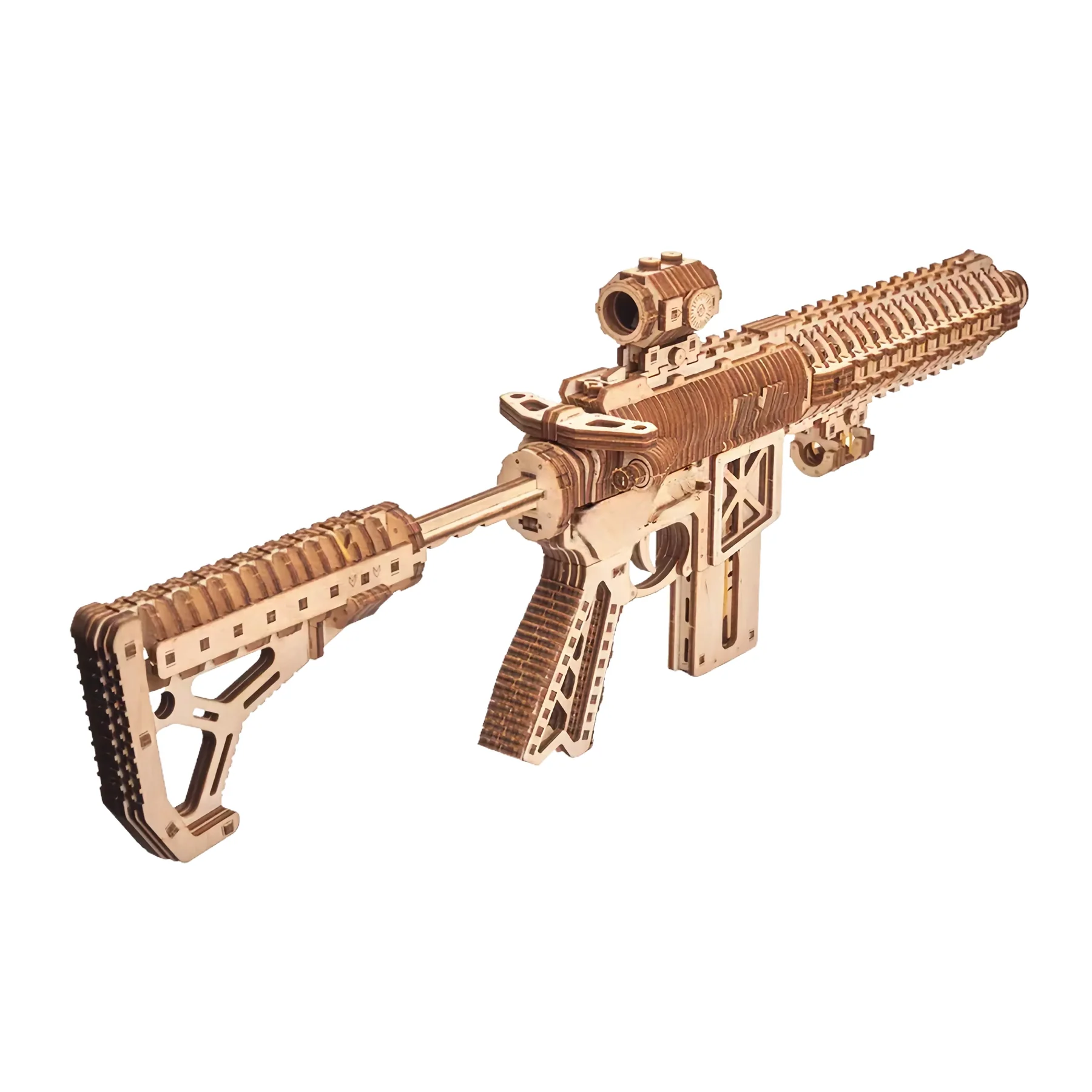 Wooden M4 assault rifle toy model by Lumigic, featuring intricate 3D puzzle design, detailed wooden construction, and realistic appearance.