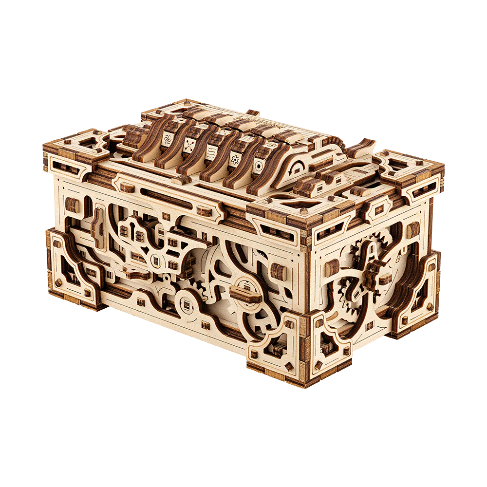Wooden treasure box 3D puzzle from Lumigic, featuring intricate wooden model with detailed craftsmanship and hidden compartments.