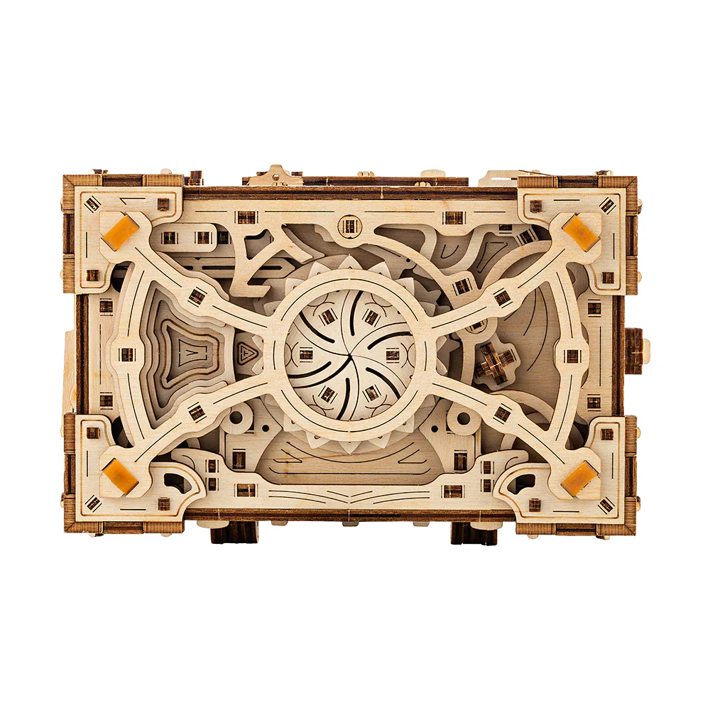 Wooden treasure box 3D puzzle by Lumigic, showing assembled intricate wooden model with carved details and locking mechanism.