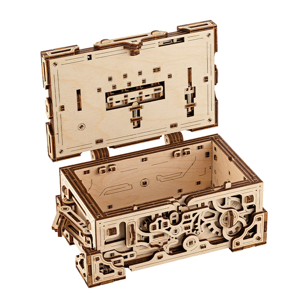 Wooden model puzzle box by Lumigic featuring intricate 3D design and carved details, designed to be assembled as a treasure box.
