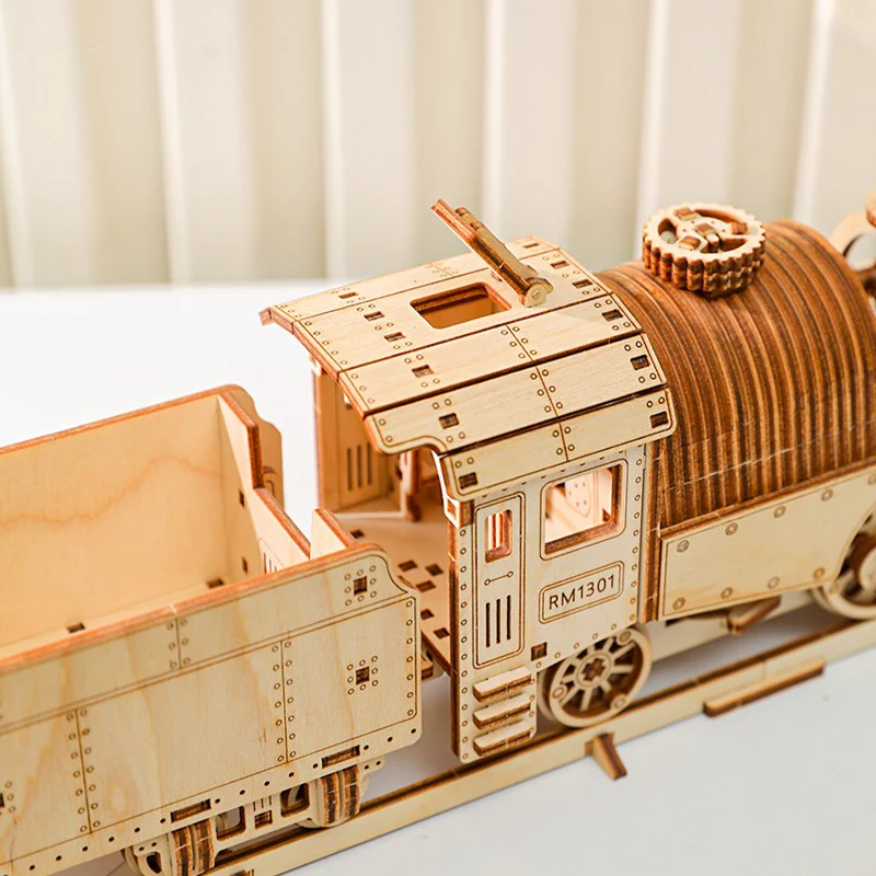 Lumigic vintage steam train wooden 3D puzzle model, showcasing intricate mechanical design and craftsmanship.