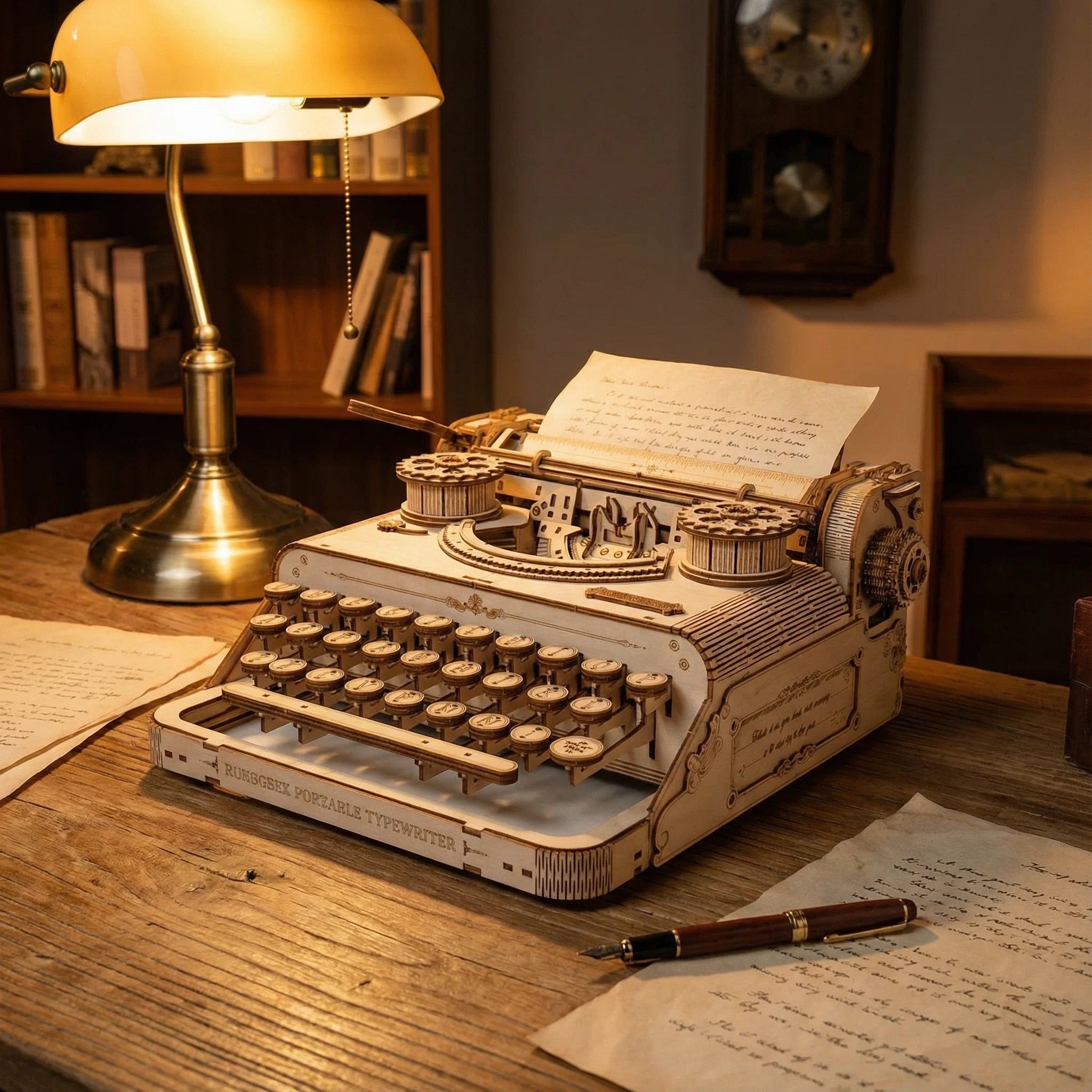 Lumigic Classic Typewriter mechanical 3D wooden puzzle assembled with intricate details and natural wood finish.