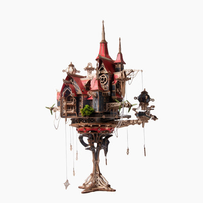 Wooden 3D model kit of a fantasy steam castle by howcat, featuring intricate wood pieces for assembling a detailed castle structure.