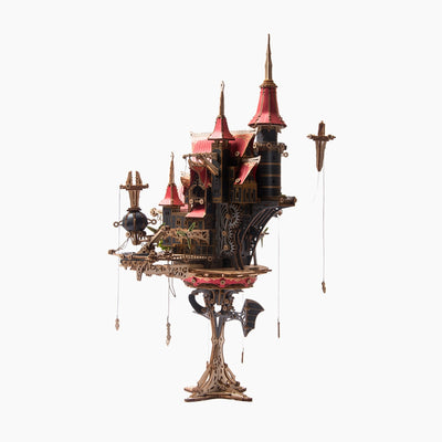 Wooden 3D model kit of a fantasy steam castle by howcat, featuring intricate castle details and wooden construction pieces.