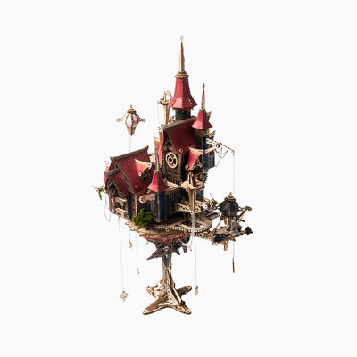 Wooden 3D model kit of a fantasy steam castle by howcat, featuring detailed wooden parts for assembly.