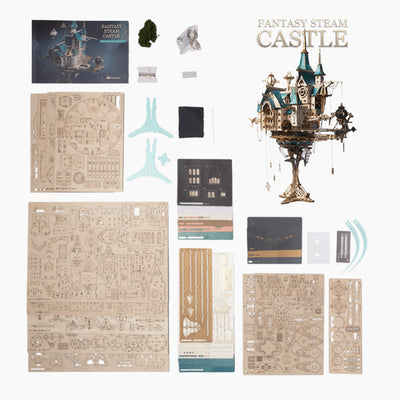 Wooden 3D model kit of a fantasy steam castle by howcat, featuring intricate castle details and wooden construction.