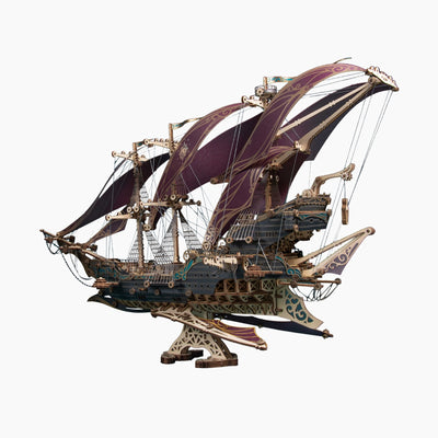 Wooden pirate ship 3D puzzle model by howcat, showcasing intricate wooden pieces assembled into a detailed pirate ship design.