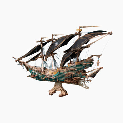 Wooden future pirate ship 3D puzzle model by howcat, showcasing a detailed handcrafted wooden pirate ship with masts and sails.