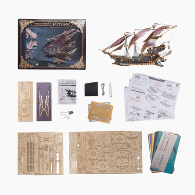 Wooden future pirate ship 3D puzzle model by howcat, showcasing intricate wooden pieces assembled into a detailed pirate ship design.