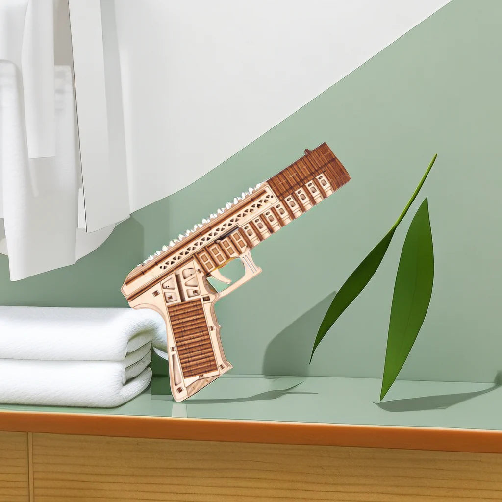Lumigic Desert Eagle pistol wooden 3D puzzle model, detailed assembled wooden gun with intricate carvings and realistic design.