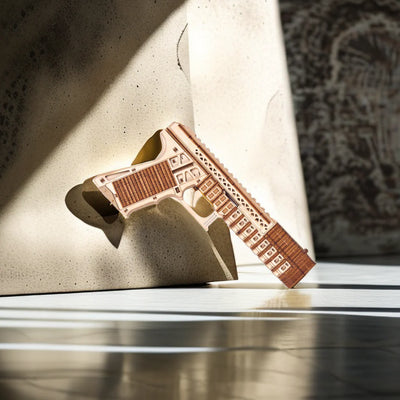 Wooden Desert Eagle pistol 3D puzzle model by Lumigic, detailed carved wooden gun with intricate parts on a plain background.