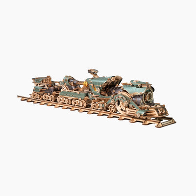 Detailed image of the howcat fantasy steampunk train wooden 3D model kit showing intricate wooden parts and steampunk design elements.