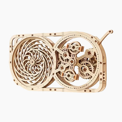 Lumigic Kinetic Picture Wooden 3D Puzzle Model Kit showing assembled mechanical wooden model with intricate interlocking pieces.