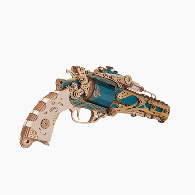 Wooden steam revolver gun 3D puzzle model by howcat, assembled with detailed wooden pieces and intricate design.