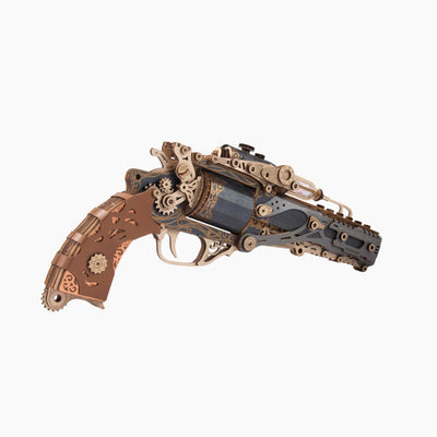 Wooden steam revolver gun model puzzle by howcat, detailed 3D wooden model with intricate craftsmanship and realistic design.