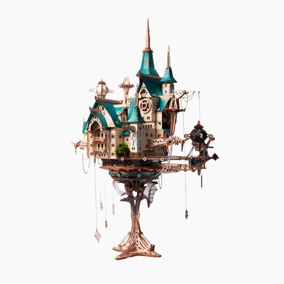 Wooden 3D model kit of a fantasy steam castle by howcat, featuring intricate castle details and wooden construction.