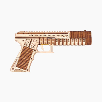 Lumigic Desert Eagle pistol wooden 3D puzzle showing detailed assembled model with realistic gun shape and wooden texture.