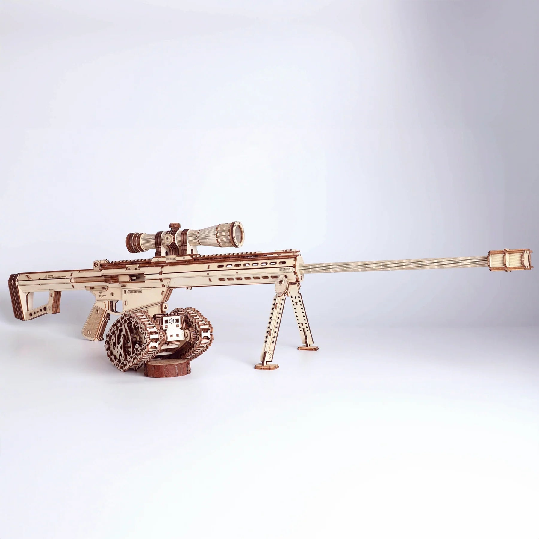 Lumigic wooden model kit of Barrett M82A1 sniper rifle toy gun, assembled 3D puzzle showing detailed parts and realistic design