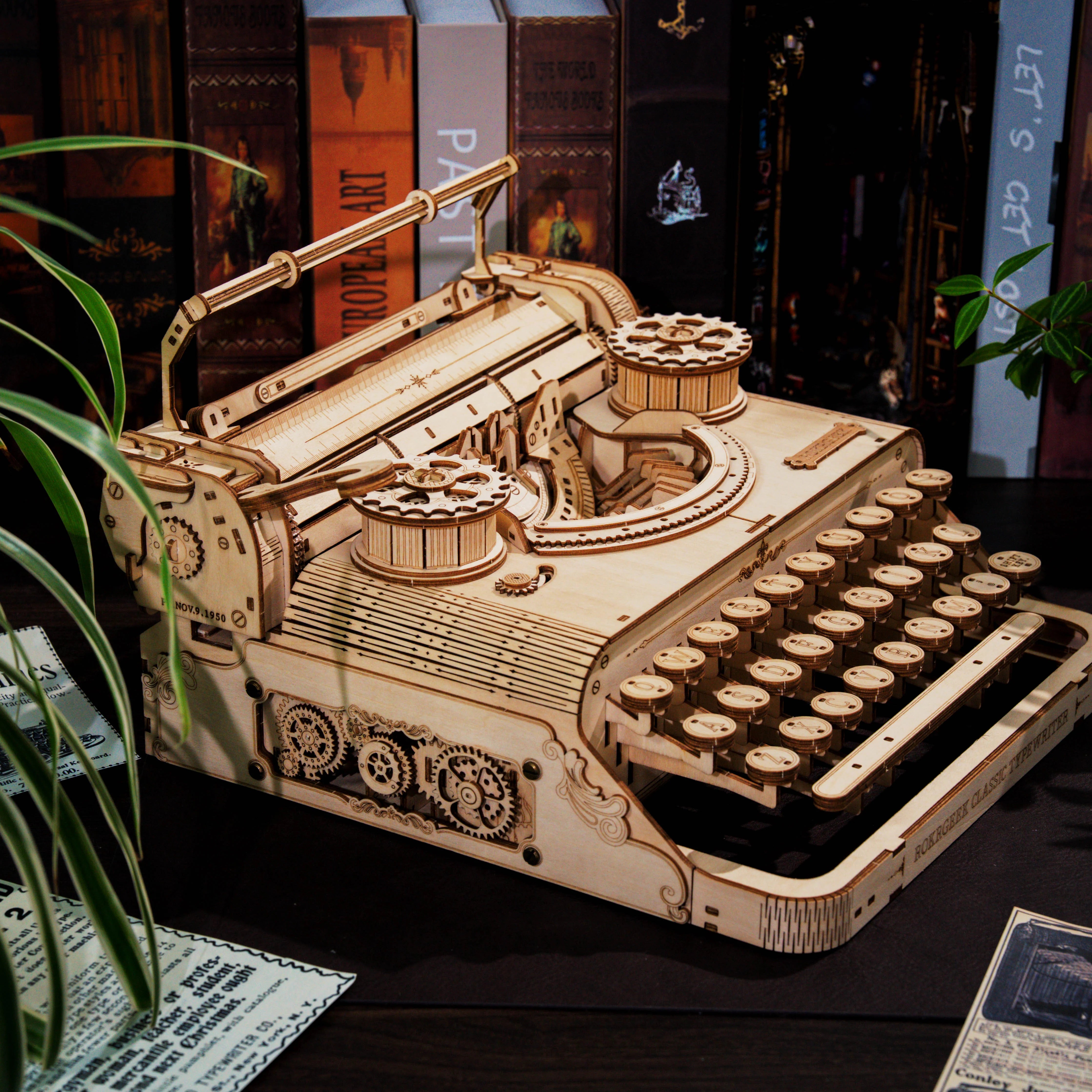 Lumigic Classic Typewriter Mechanical 3D Wooden Puzzle showing assembled wooden typewriter with intricate details and vintage design.