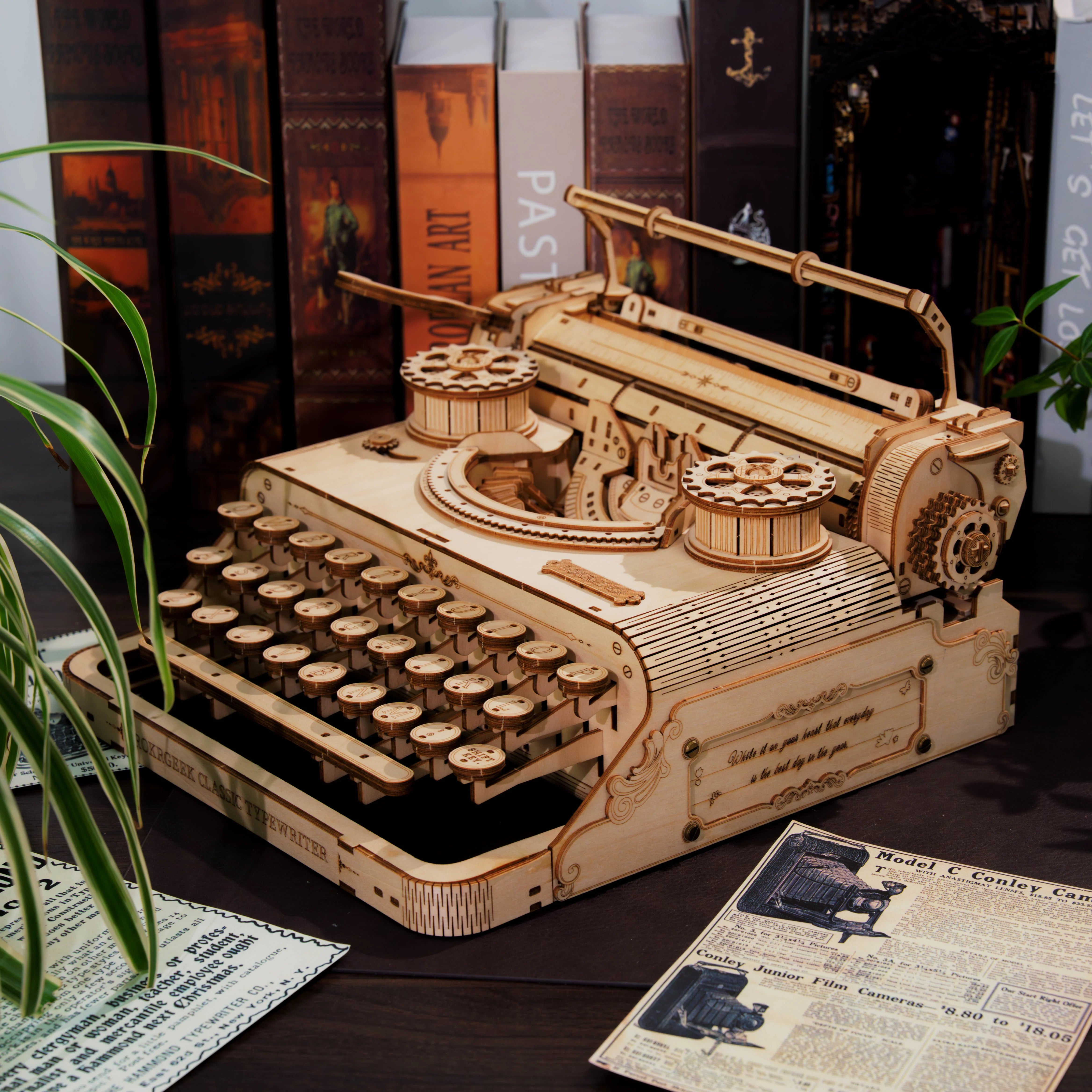 Lumigic Classic Typewriter Mechanical 3D Wooden Puzzle showing assembled wooden model with intricate details and vintage typewriter design.