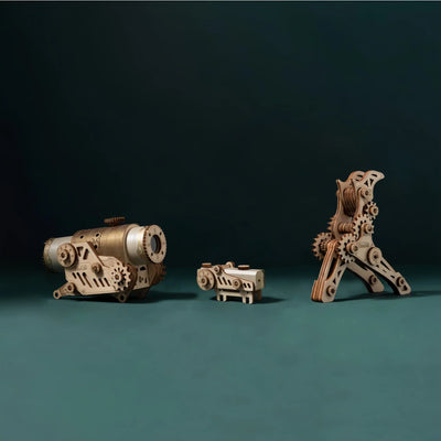 Wooden model of a Steam Revolver Gun 3D puzzle by howcat, featuring detailed wooden craftsmanship and a realistic revolver design.