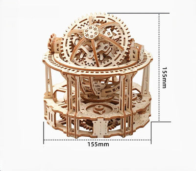 Lumigic wooden tourbillon timer 3D puzzle model kit with intricate wooden gears and components, assembled as shown in the image.