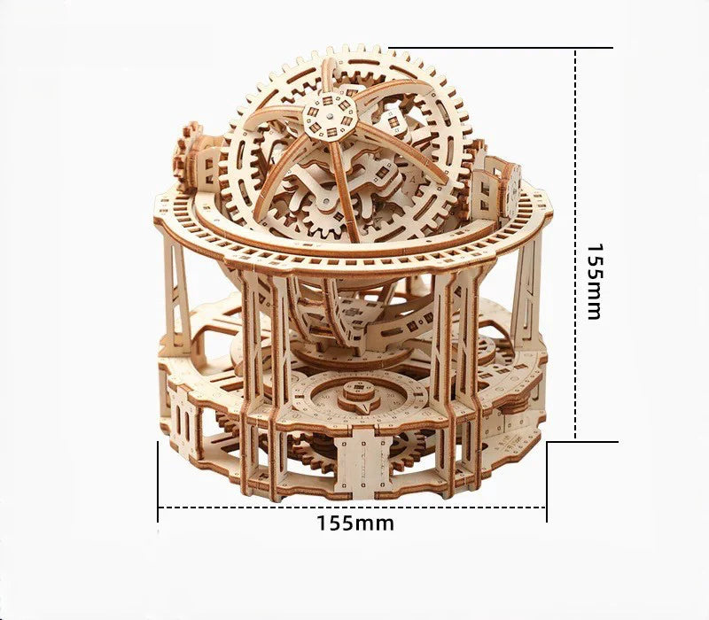 Lumigic wooden tourbillon timer 3D puzzle model kit with intricate wooden gears and components, assembled as shown in the image.