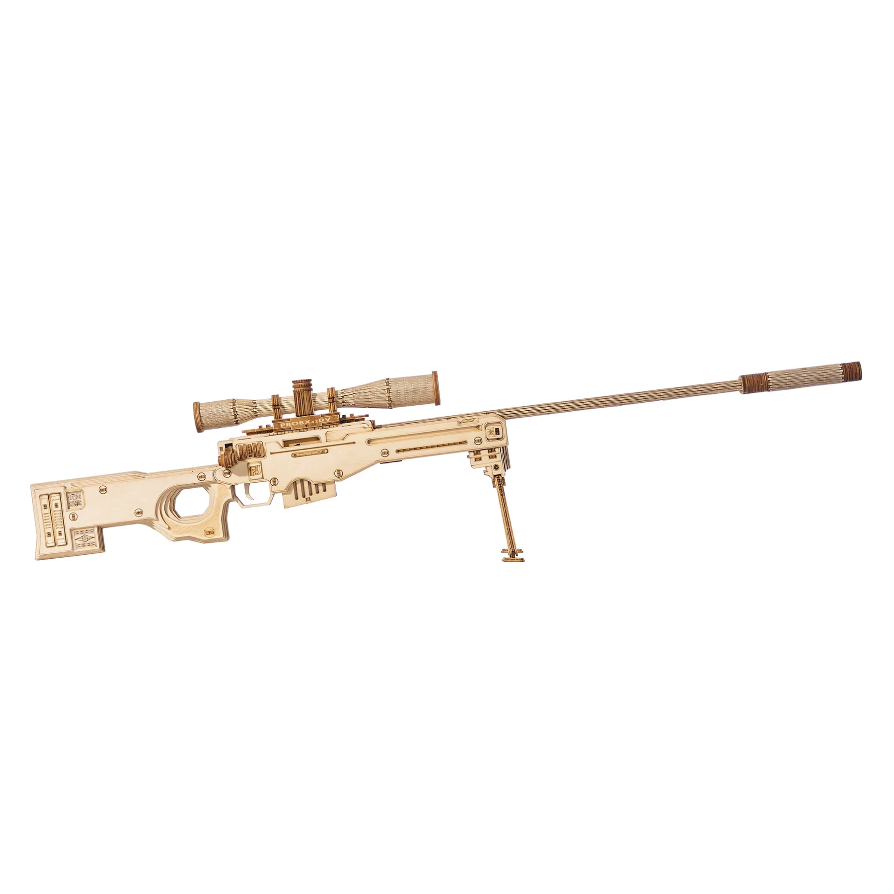 Lumigic AWM Sniper Rifle wooden toy 3D puzzle showing a detailed, realistic sniper rifle model with wooden parts and intricate design