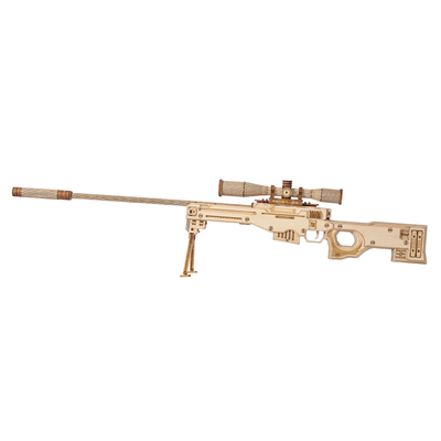 Lumigic AWM Sniper Rifle wooden toy 3D puzzle showing a detailed, assembled wooden sniper rifle model with realistic features.