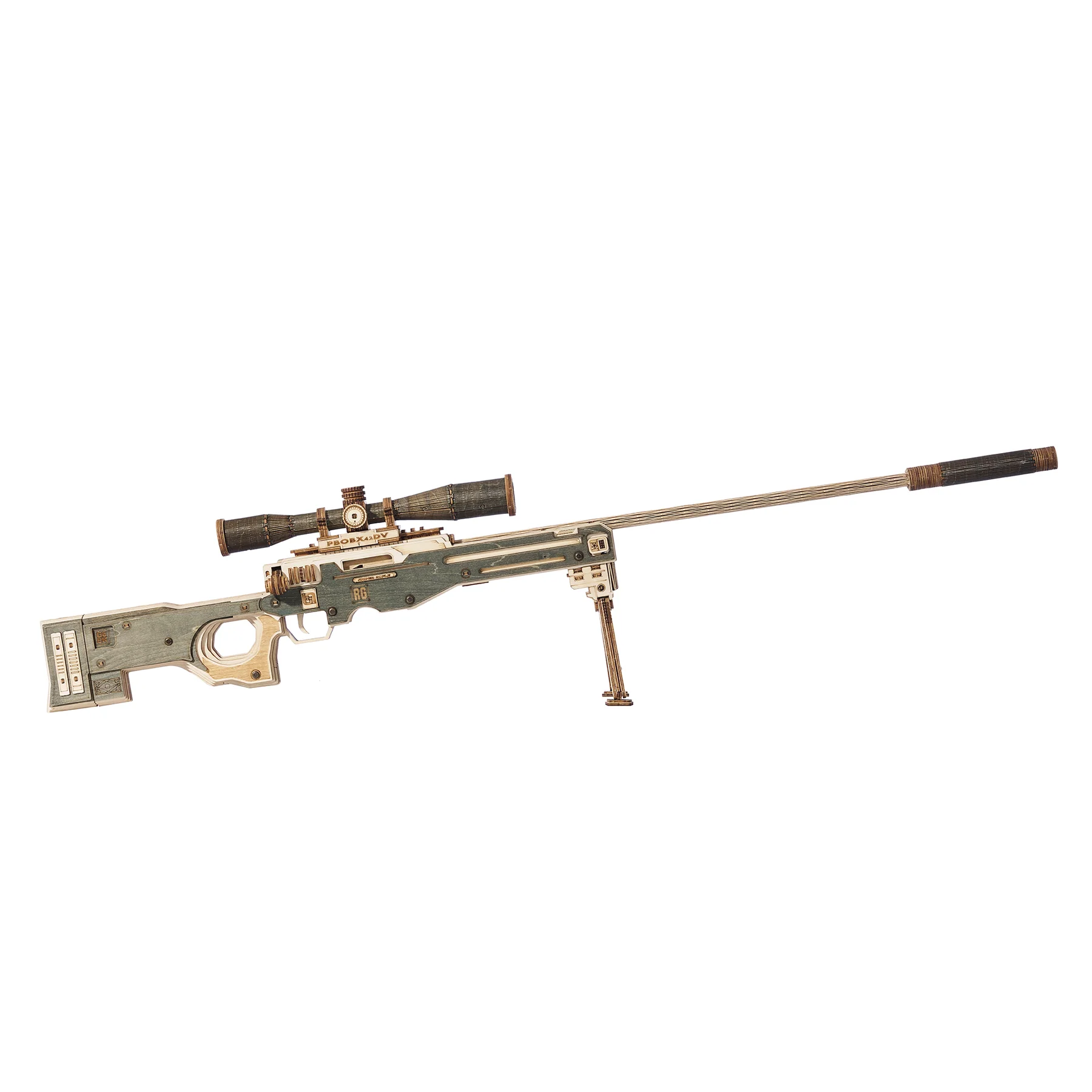 Lumigic AWM Sniper Rifle wooden toy puzzle depicting a detailed 3D model of a sniper rifle for creative play and display.