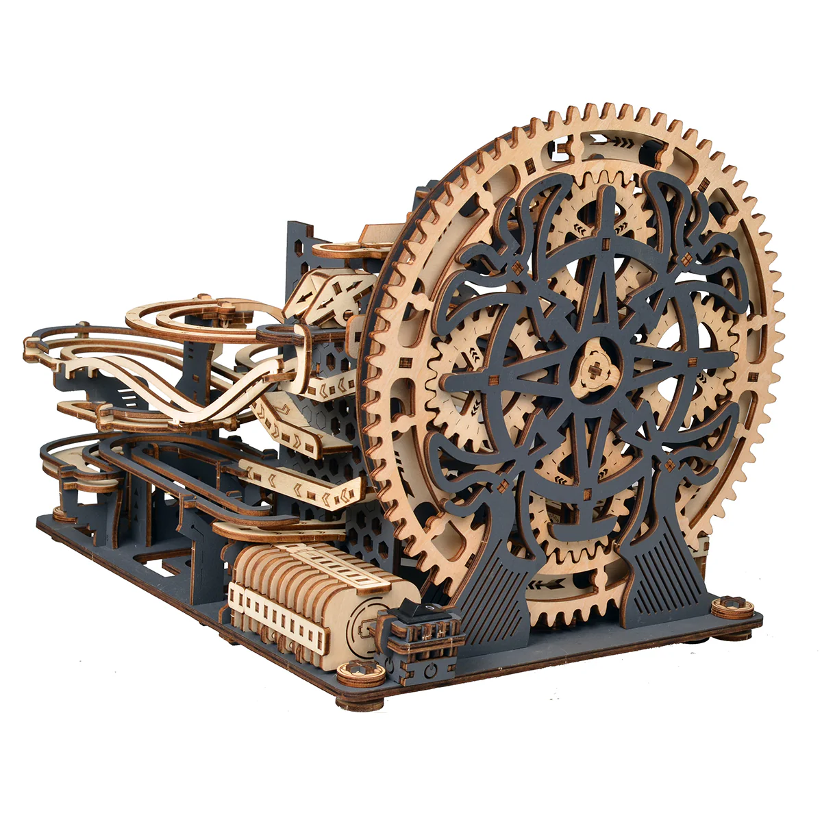 Wooden electric marble run 3D puzzle model kit by Lumigic, featuring colorful marbles on a detailed wooden track.