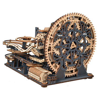 Wooden electric marble run 3D puzzle model kit by Lumigic, featuring colorful marbles on a detailed wooden track.
