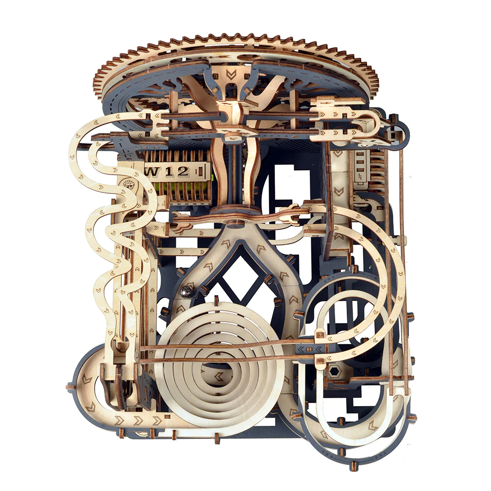Wooden electric marble run puzzle model kit by Lumigic featuring interconnected marble tracks and a 3D wooden construction.