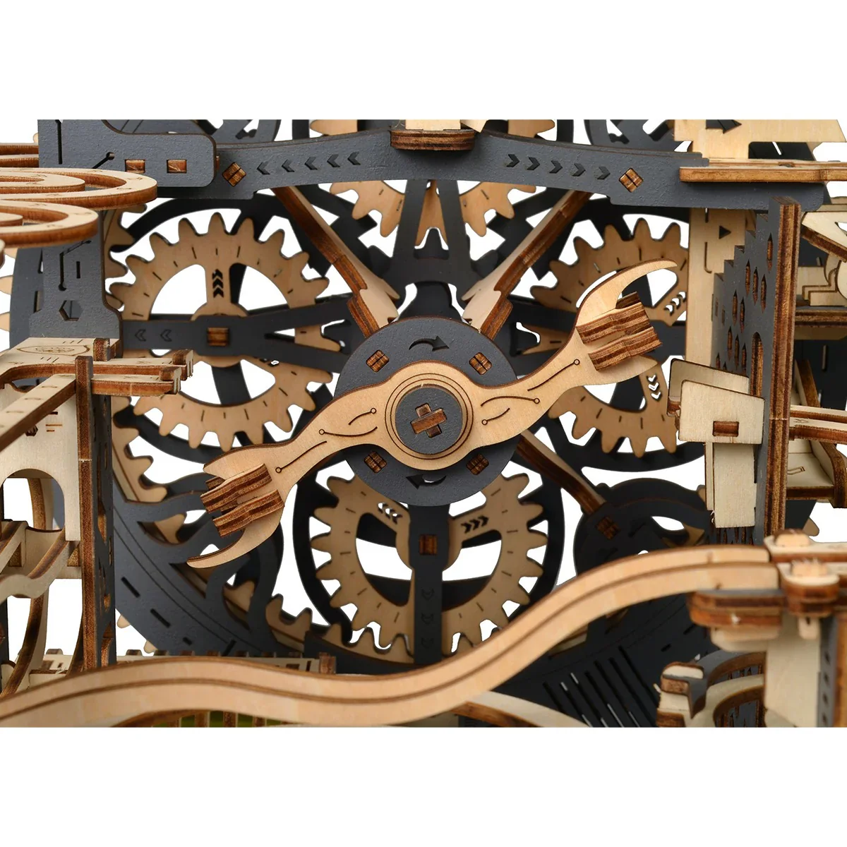 Wooden Lumigic Electric Marble Run 3D Puzzle Model Kit showing colorful marble tracks and intricate wooden construction.