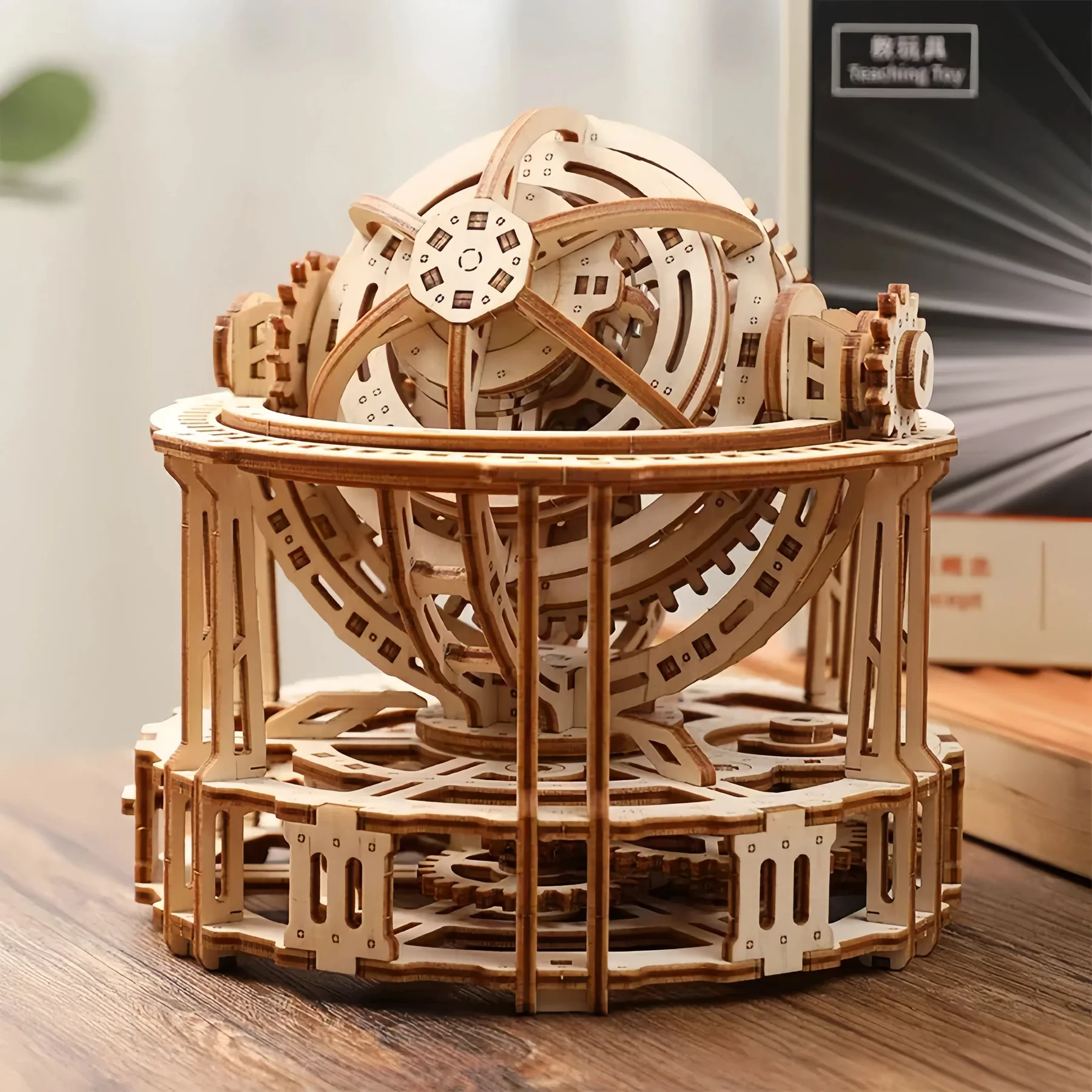 Wooden tourbillon timer 3D puzzle model kit by Lumigic, featuring intricate wooden gears and components for assembly.