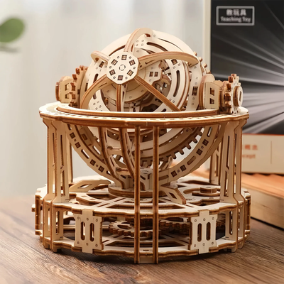 Wooden tourbillon timer 3D puzzle model kit by Lumigic, featuring intricate wooden gears and components for assembly.