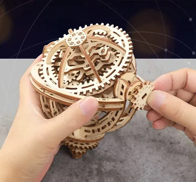 Lumigic Tourbillon Timer wooden 3D puzzle model kit assembled, showcasing intricate wooden gears and craftsmanship.