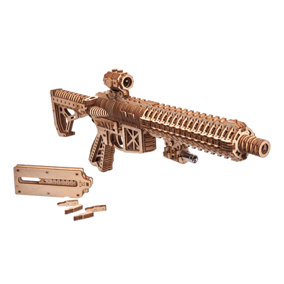 Wooden M4 assault rifle model toy puzzle by Lumigic, featuring detailed 3D design and realistic wooden construction.