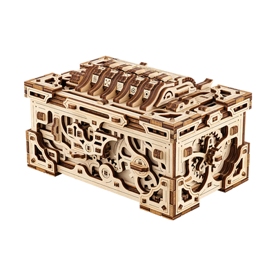 Wooden treasure box 3D puzzle from Lumigic, featuring intricate wooden model with detailed craftsmanship and hidden compartments.