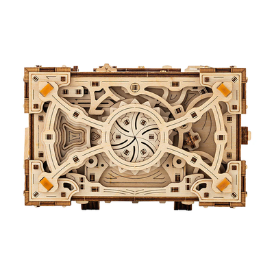 Wooden treasure box 3D puzzle by Lumigic, showing assembled intricate wooden model with carved details and locking mechanism.